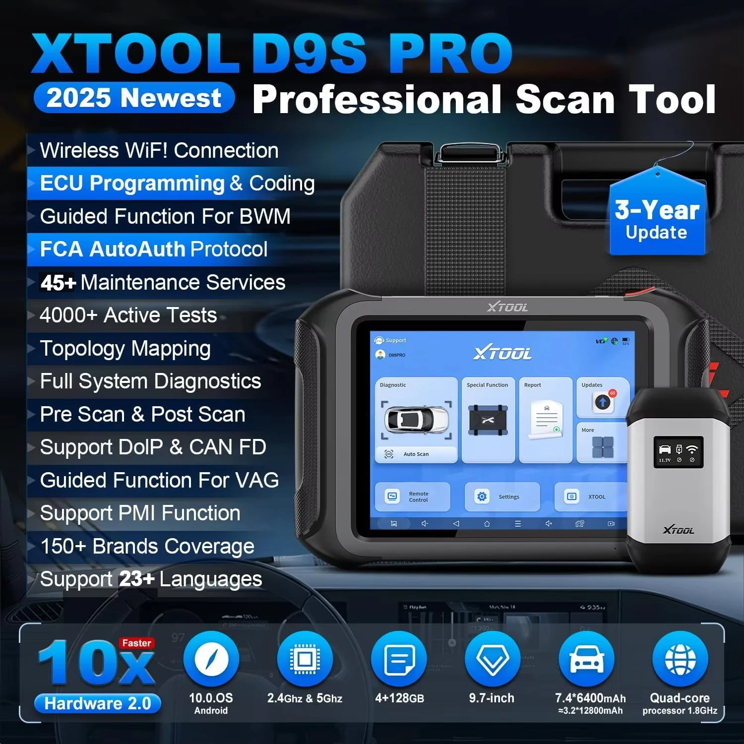 XTOOL D9SPRO OBD Bidirectional Scanner ECU Programming D9S PRO Car Diagnostic Tools 45 Services DoIP FCA Topology Map VAG Guide
