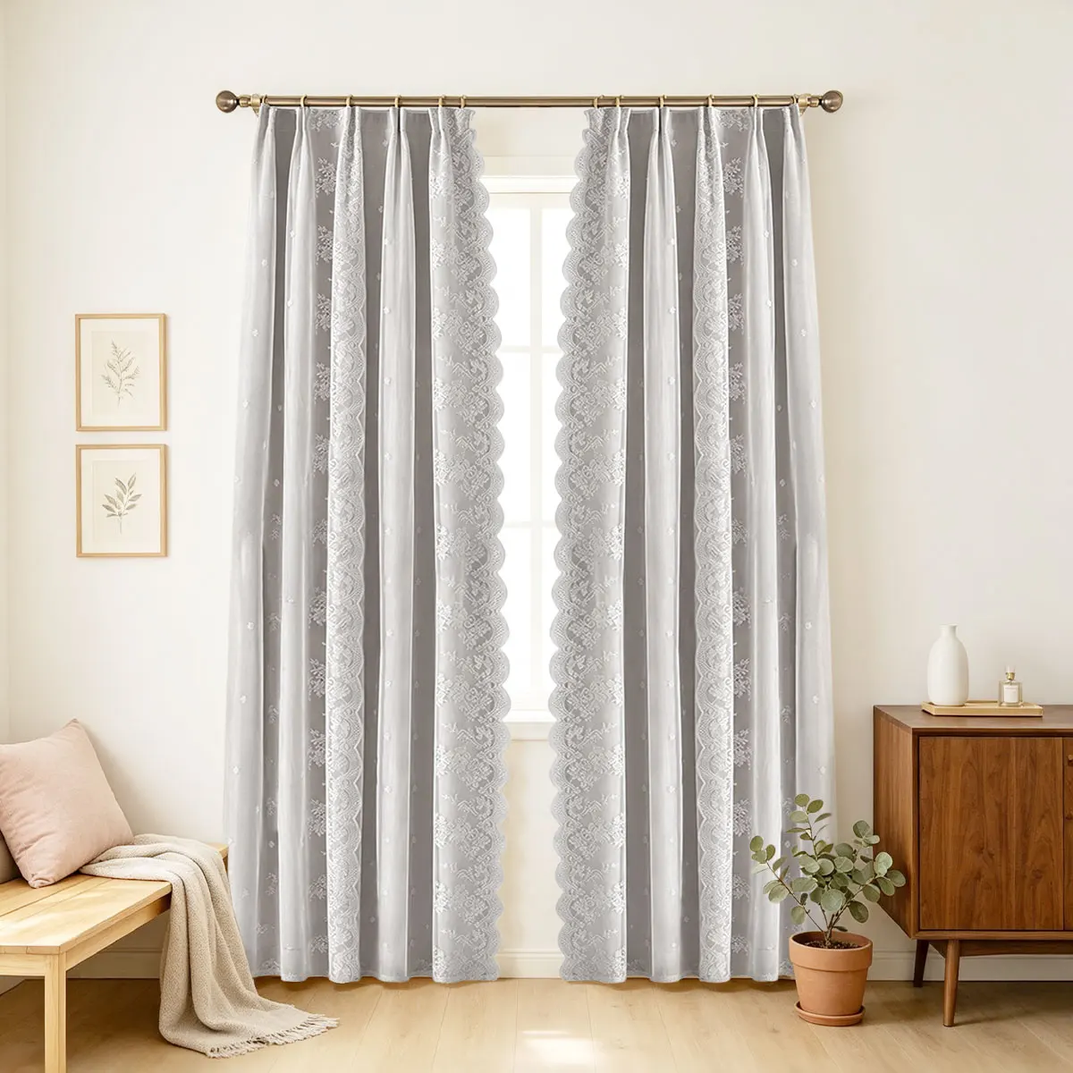Grey Double Layer Curtains 2 Panels, Four Prong Hook, Floral Lace Sheer Overlay, Scalloped Edge Window Drape for Bedroom