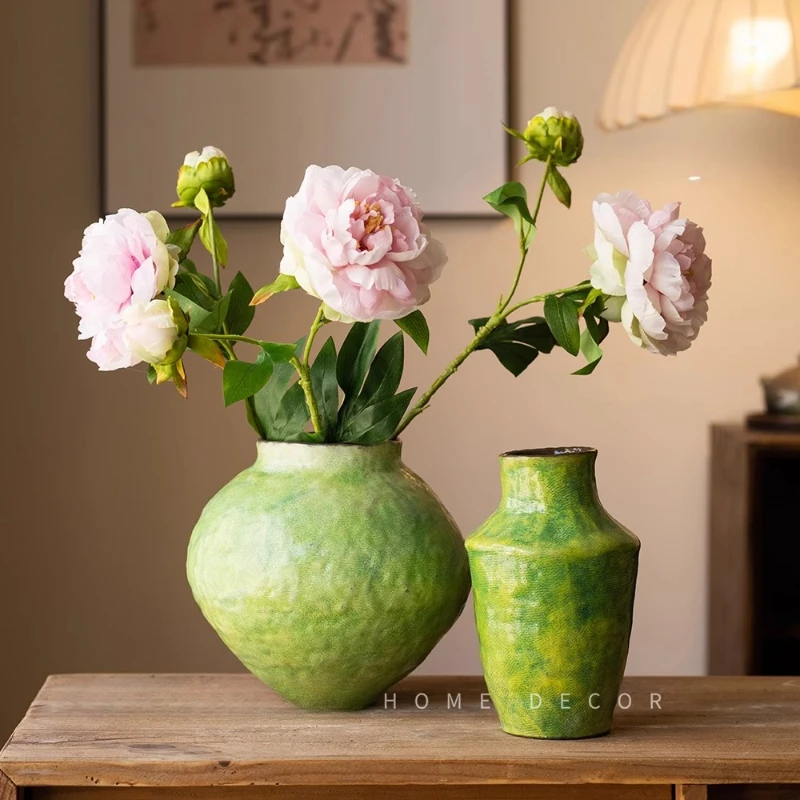 

‌Wabi-Sabi Ceramic Vase Vintage Moss Glaze Floor Decor for Entryway Asymmetrical Zen Flower Pot Aesthetic Art Deco Vase