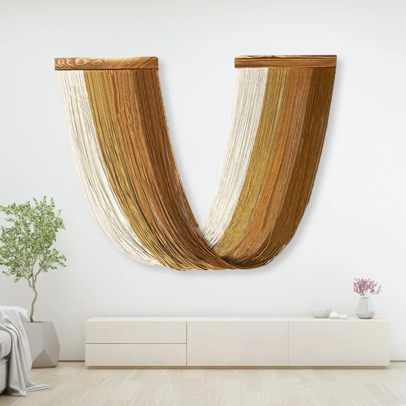 New Arrival Color Block Handwoven Macrame Wall Hanging Nordic Ins Cotton Tassel Tapestry Wooden Strip Wall Decor for Living Room