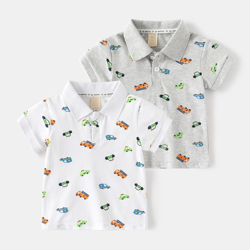 Polo de manga corta holgado para niño, camiseta informal de dibujos animados de coche, camisetas grises a juego, novedad de verano, 2024