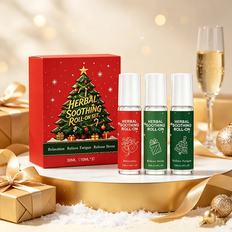 Christmas Gift Set Herbal Soothing Roll‑on Oil 3pcs 10ml Each Portable Roller Aroma Oil Kit Holiday Present For Daily Body