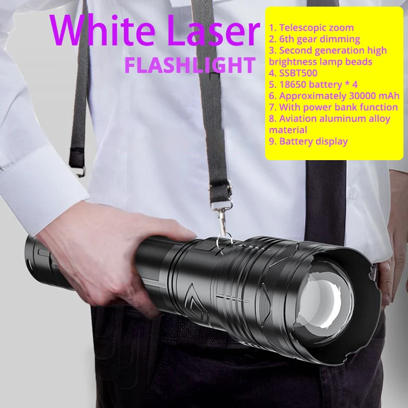 30000W LED Flashlights High-power USB Lanterna Xenon Lamp Zoom Waterproof Long-range 9KM Aluminum Output/Input Torch 30000mAH