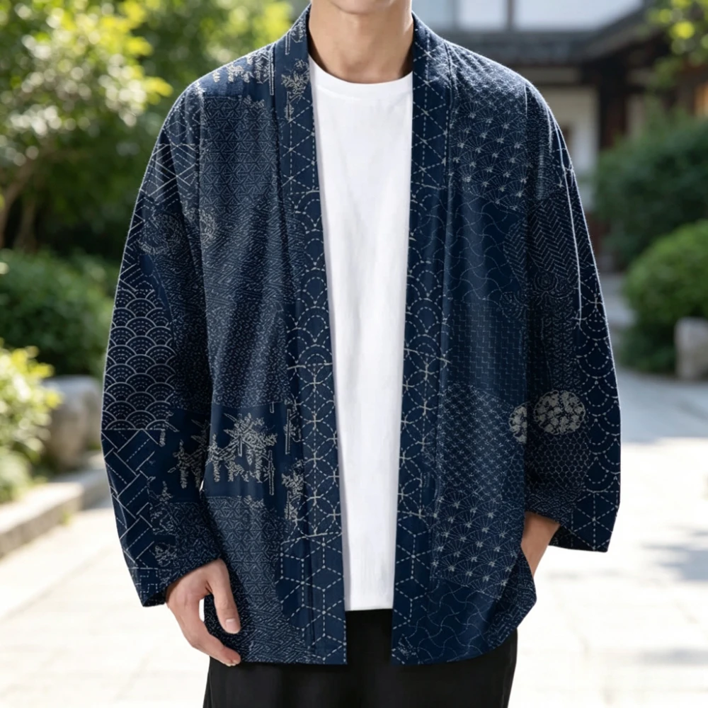 Japanese Cotton Kimono Jacket Unisex Vintage Dragon Crane Wave Geometry Print Haori Cardigan Casual Loose V-Neck Streetwear
