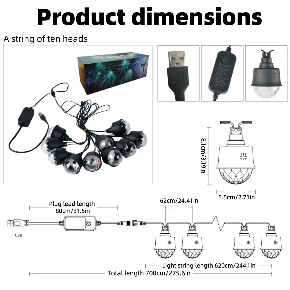 1pc USB 電源を供給する 10 ヘッドのカラフルなマジックボールライトストリング、雰囲気ライト、パーティー装飾ライト、中庭屋内バーフラッシー