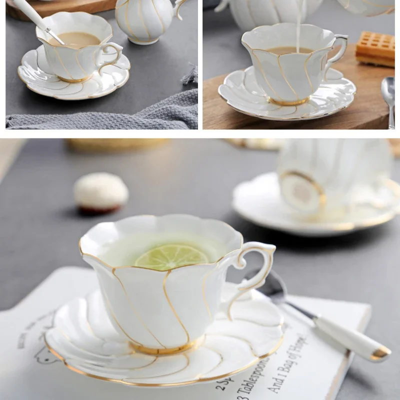 White Porcelain Tea Set Luxury British Style Tea/Coffee Cup Golden Trim Elegant Tea Set for Women