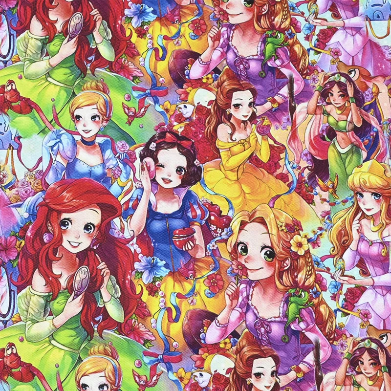 Width 1.1 Meter Disney Princess Cotton Fabric Print Ariel Anna Elsa Alice Princess Fabrics For Sewing Patchwork Clothes Material