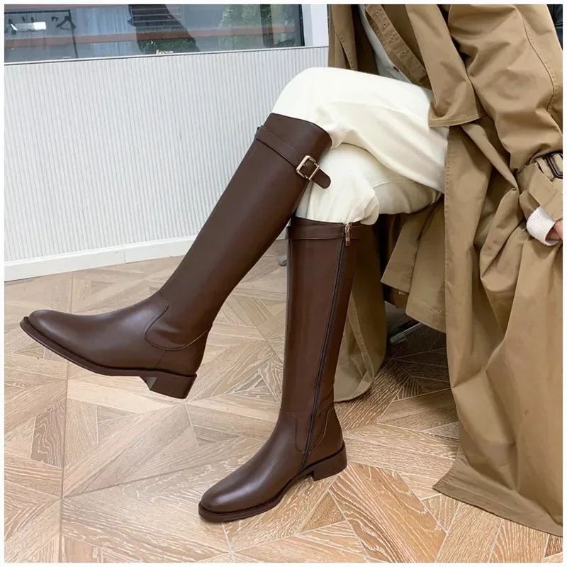 Ladies Knight Boots Classic Warm Boots Side Zipper Round-toe Thick Heel Slim Knee Boots Autumn Winter Women Botas