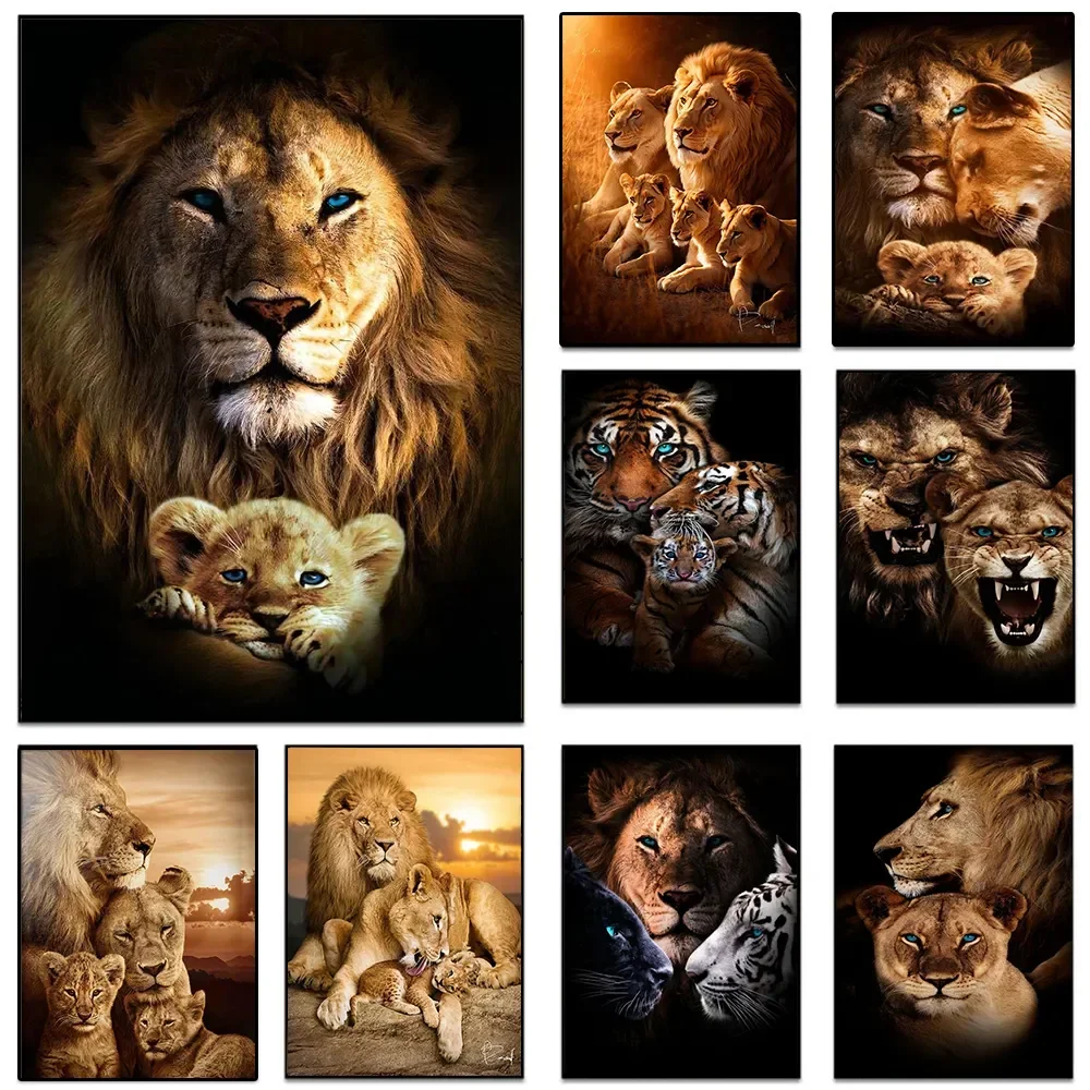 1pc Frameless Classic Animal Aesthetics Wall Art Wild Lion Tiger and Cub HD Oil on Canvas Posters and Prints Home Bedroom Decor