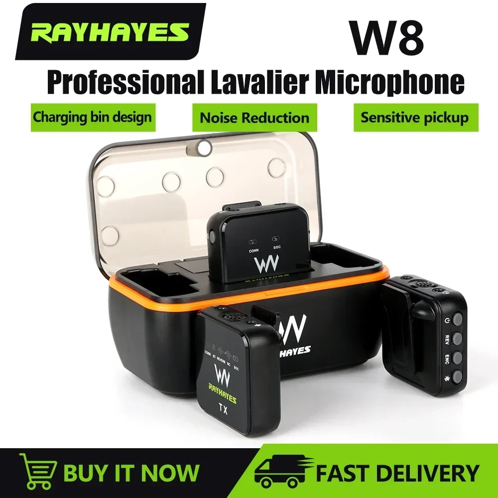 RAYHAYES W8 2.4GHz Professional Lavalier Microphone Interview Mic Receiver for Recording Studio Home Camera Audio Camcorder