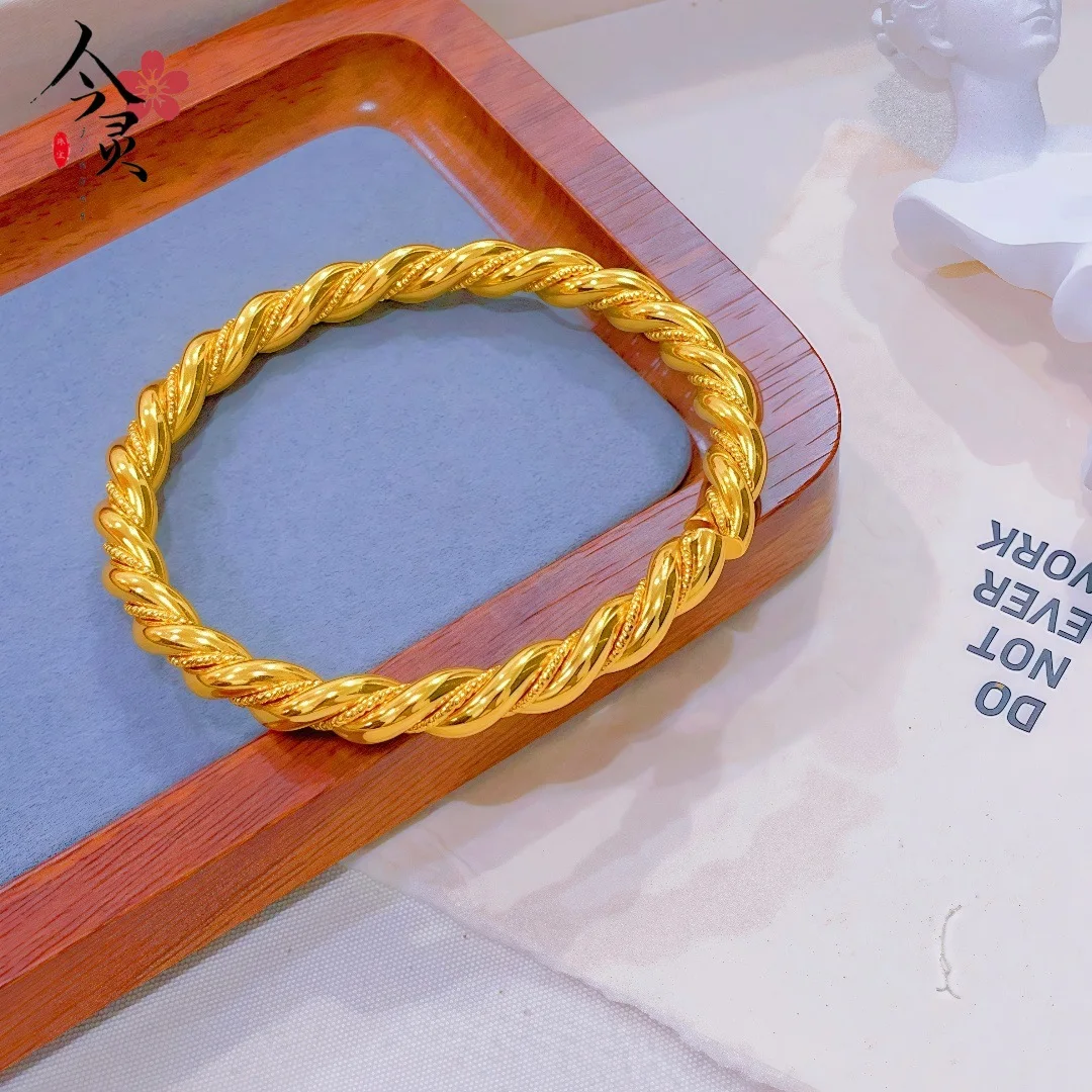

Twisted Striped Twist Open Bangle Women 24K Gold AU999 - Heavy gold, tight stripes, round edges, reliable AU999 purity
