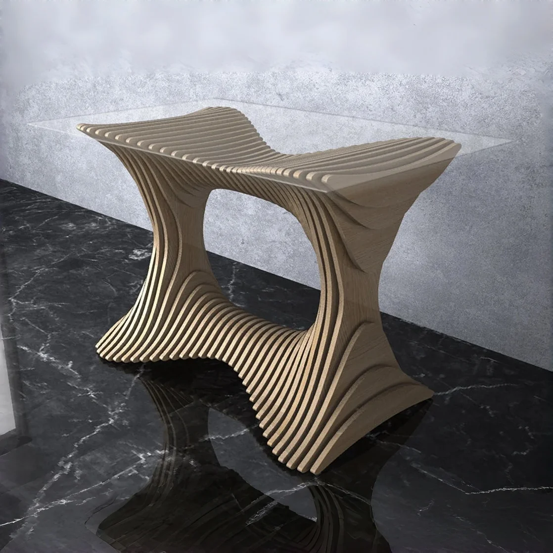 Z Bespoke Solid Wood Sliced Dining Table Coffee Table With Clear Glass Top Curved Wave Slatted Hotel HomeZ