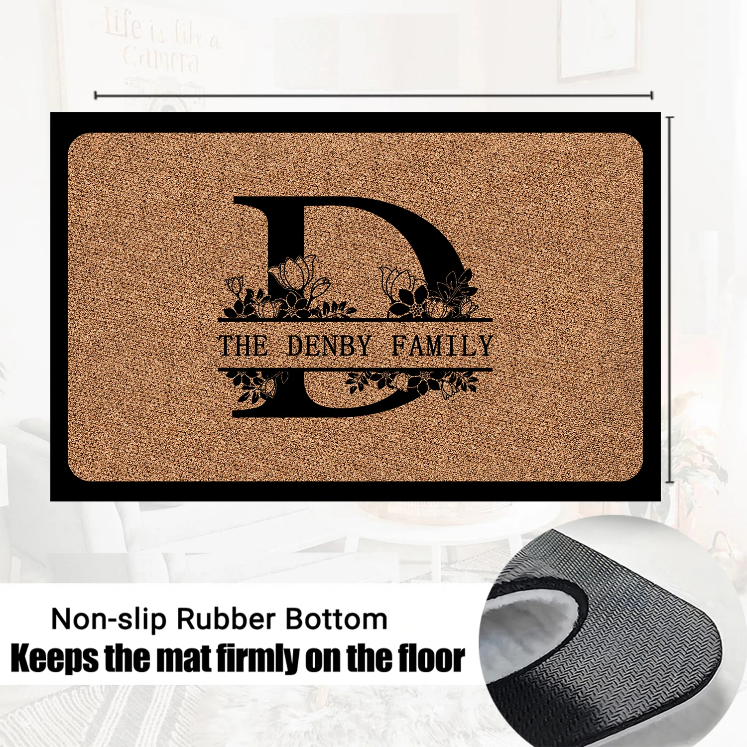 Custom Doormat Last Name Entrance Door Mats Non-Slip Rubber Personalized Split Monogram Initial Flower Letter Floor Mat