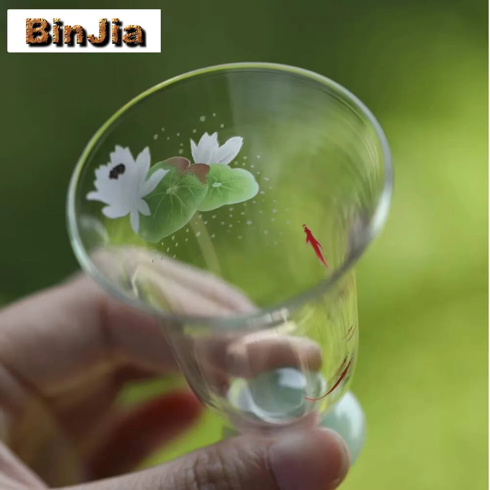 2Pc/Set Handmade Decal Fish Playing Lotus Teacup Heat Resistant Glass High Foot Wind Chime Cup Green Tea Master Teaset 40Ml