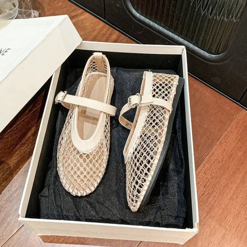 

Womens Flats Summer Hollow Out Sandals Breathable Mesh Shoes Comfortable Ballet Shoes for Women Fish Net Loafers Mary Jane Shoes