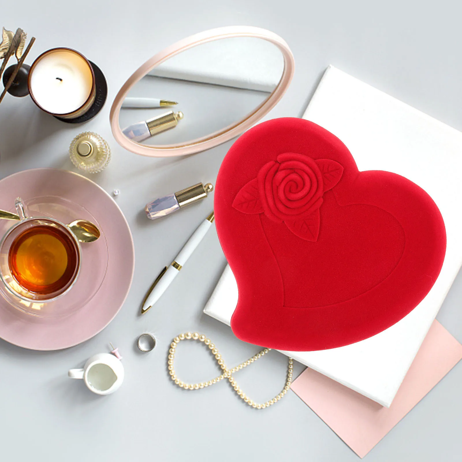 

Red Heart Jewelry Box Lightweight Portable Flannel Necklace Earrings Bracelet Storage Gift Wrap Container Jewelry Box