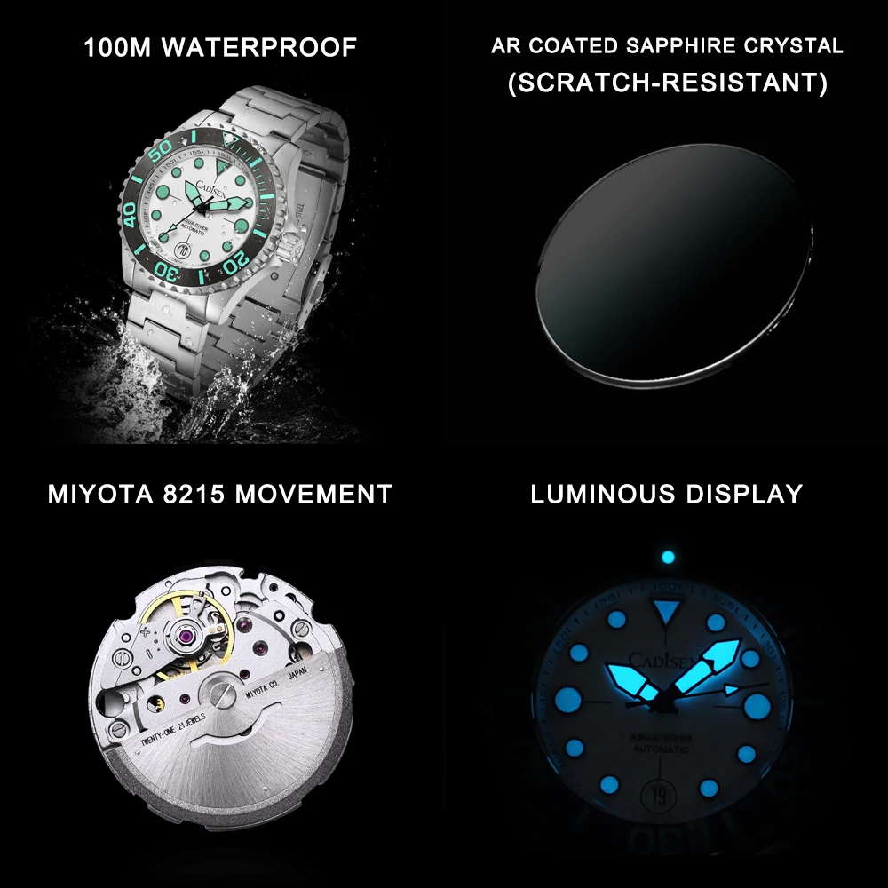Cadisen Watch For Men MIYOTA 8215 Automatic Mechanical 40 mm Sapphire Super Luminous Business WristWatch 100m Waterproof Watch