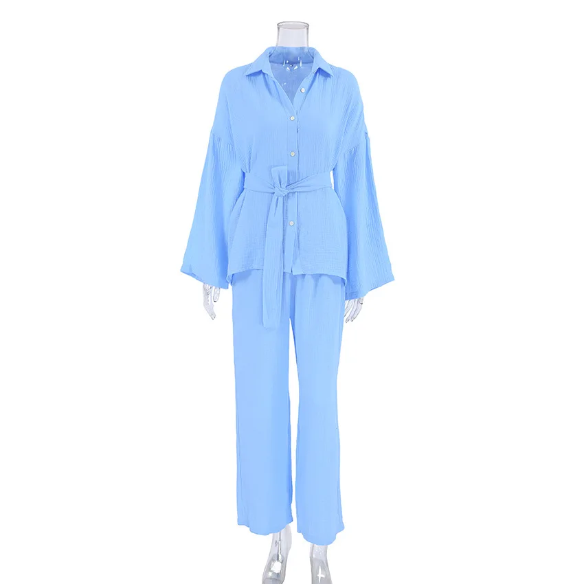 Women\'s Pajamas Solid Cotton Long Sleeve Sleepwear 2023 Casual Turn-Down Collar Nightwear 2 Piece Set Elastic Waist Trousers