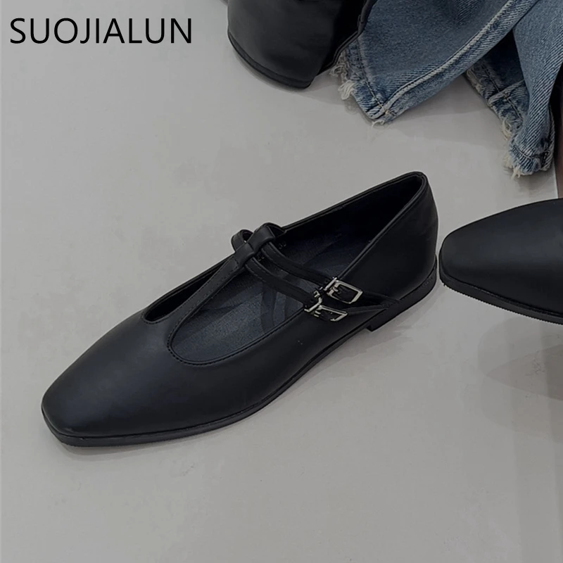 SUOJIALUN Spring New Women Flat Shoes Fashion Round Toe Shallow Slip On Ladies Mary Jane Shoes Flat Heel Outdoor Dress Ballerina