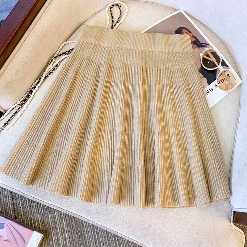 women's Basic Knit mini Skirt College Style Cute Student Pleated short Skirts Woman Solid Color All-Match High Waisted Skirt