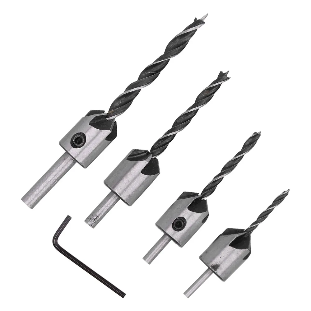4PCS 5 Flute Countersink Drill Bit Set Metric Size High Carbon Steel Reaming Tool Set Hex Key Wrench Included Positioning Design