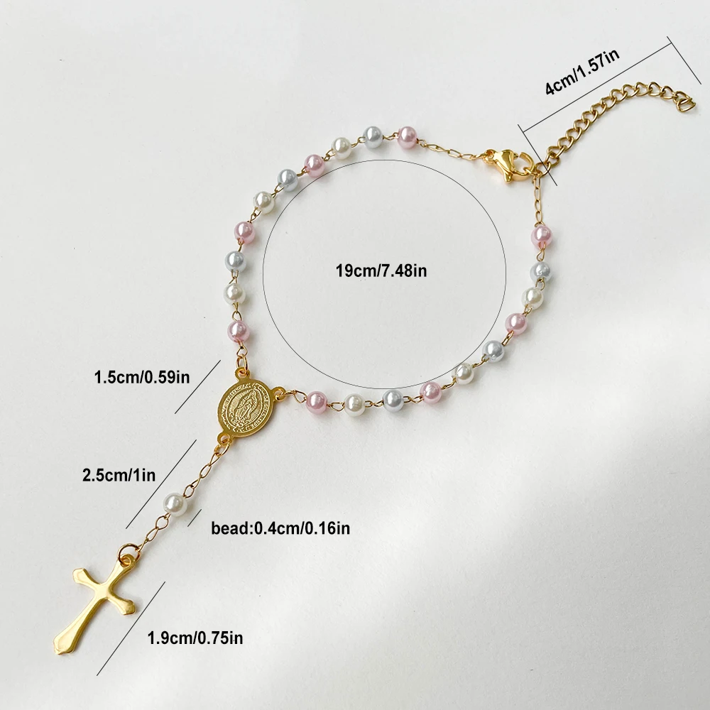 لطيف سوار الوردية للنساء مجوهرات الزفاف 4 مللي متر تقليد حبات اللؤلؤ مادونا الفولاذ المقاوم للصدأ الذهب اللون الصليب المعمودية هدية