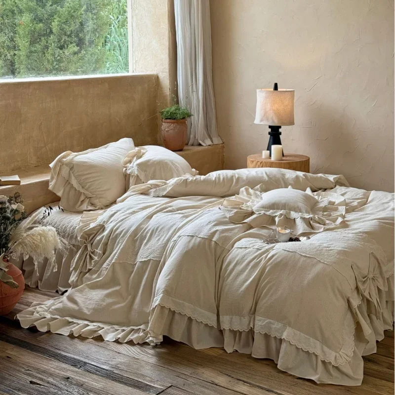 French Vintage Princess Style 4-Piece Bedding Set – Cotton Linen Blend with Lace and Bow Trim, Duvet Cover & Bedspread