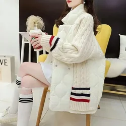 Stitching Sweater Cotton Jacket Women's Overcoat Autumn Winter 2024 New Thick Warm Parka Fashion Loose Knitted Cardigan Jacket