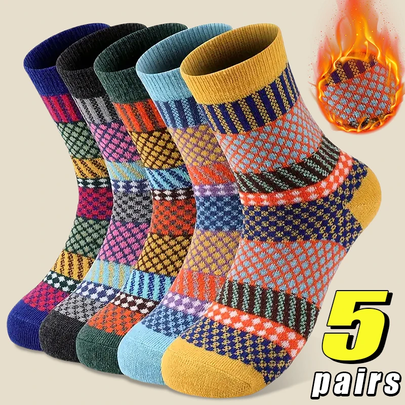 

5 Pairs Stripe Pattern Thicken Warmer Socks Women Thermal Folk-custom Retro Nordic Style Mid-Calf Sock Holiday Gift