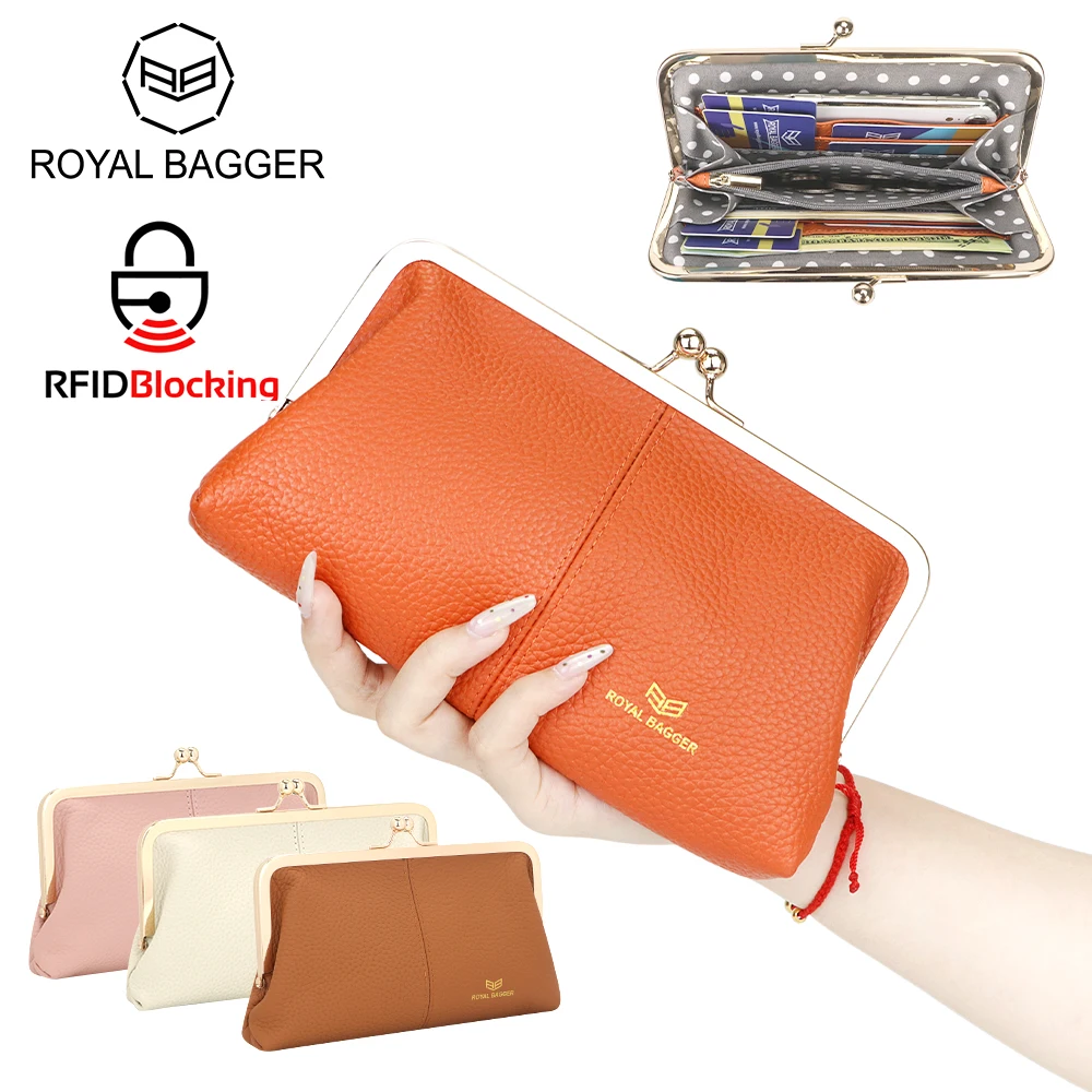 

Royal Bagger RFID Kiss Lock Wallet, Solid Color Multi-card Slots Card Holder, Genuine Leather Clutch Purses for Women 1468