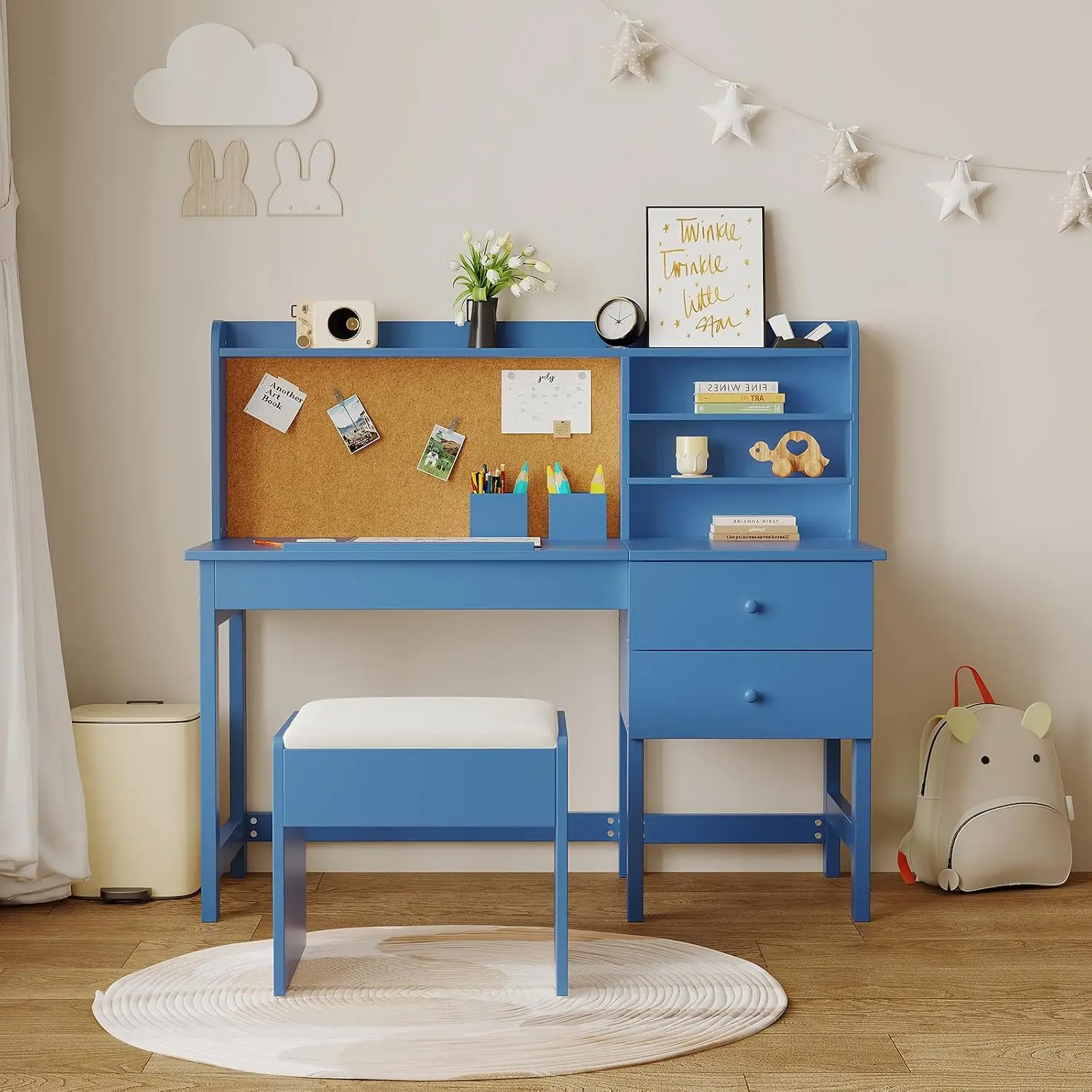 Adjustable Kids Desk and Chair Set with Tilt Desktop, Hutch, Drawers & Cork Board, Ergonomic Wooden Study Table for Boys and Girls Ages 3-8 Years - view 2