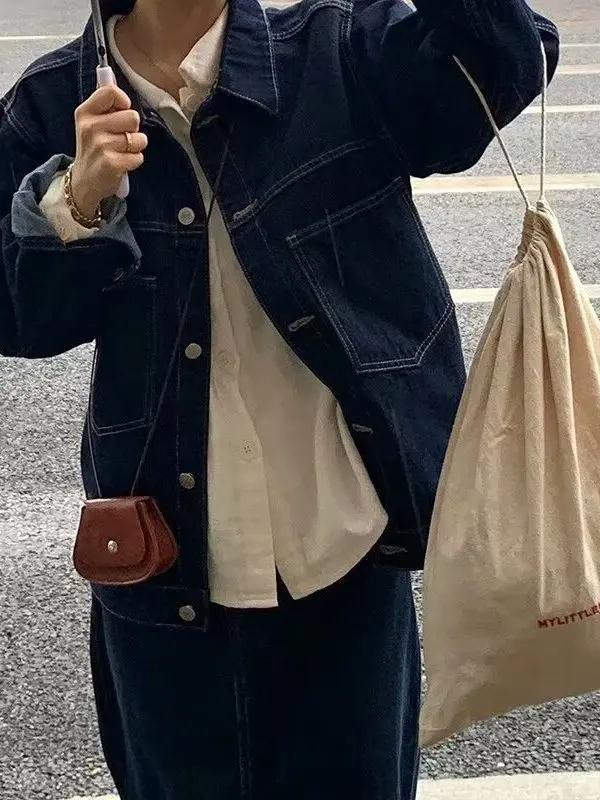 

Женская джинсовая куртка темно-синего цвета в стиле ретро, свободная повседневная осенне-зимняя куртка большого размера, универсальный топ Jae для поездок на работу