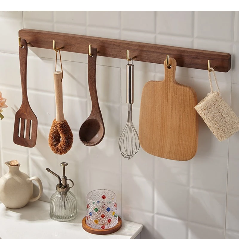 Black Walnut Kitchen Shelf Wall Mounted Row Hook Clothes Storage Bathroom Towel Household