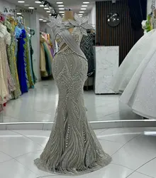 2025 Formal Mermaid Sliver Long Wedding Evening Dresses with Crystals 3D Leaf Elegant Prom Gowns Women's Weddings Party