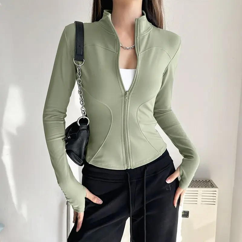 Spring Quick Drying Women Motion Zipper Solid Color Bodybuilding Casual Stand Collar Elastic Force Comfortable All-match Coat