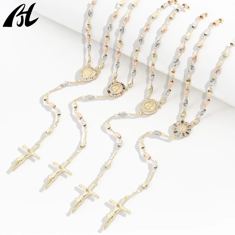 

Three-Color Diamond-Shaped Water Drop Bead Virgin Mary Religious Zircon Prayer Pendant Necklace New Fashion Style