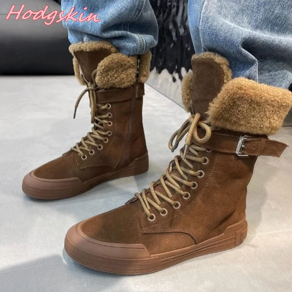 2025 One Word Belt Metal Buckle Short Boots Winter Round Toe Lace Up Warm Fur Women Boots Retro Casual Fashion Snow Cotton Boots