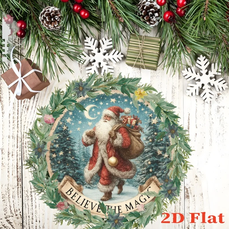 لافتة حائط معدنية مسطحة ثنائية الأبعاد، قطعة واحدة من سانتا كلوز ثلجية لتقديم الهدايا - زينة عيد الميلاد من الألومنيوم الدائري ثنائية الأبعاد مع سانتا ومزلاج، #6