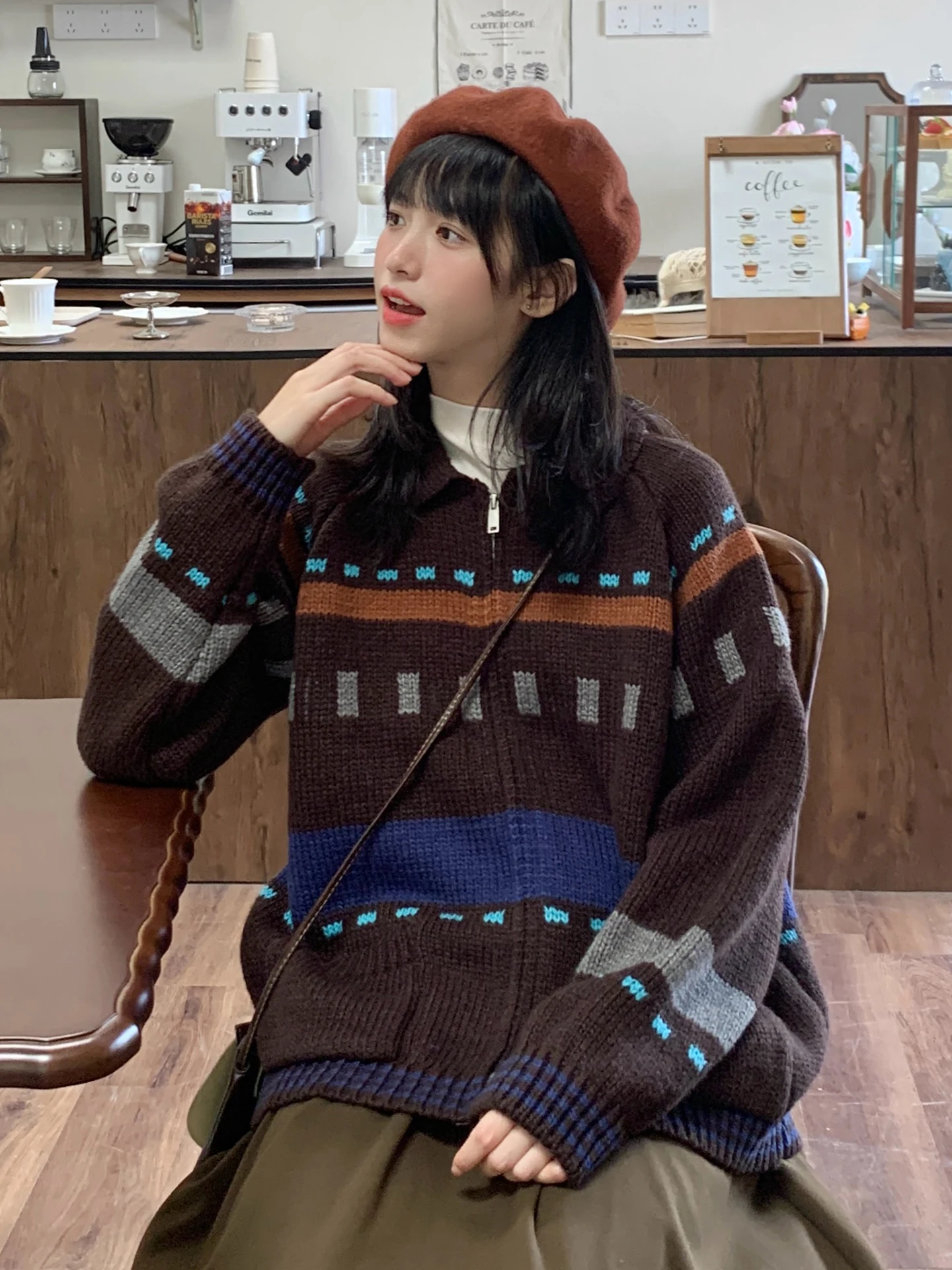 

Утепленный женский вязаный кардиган в скандинавском стиле с узором Fair Isle, свободного кроя, с длинными рукавами, на молнии, осенне-зимняя верхняя одежда