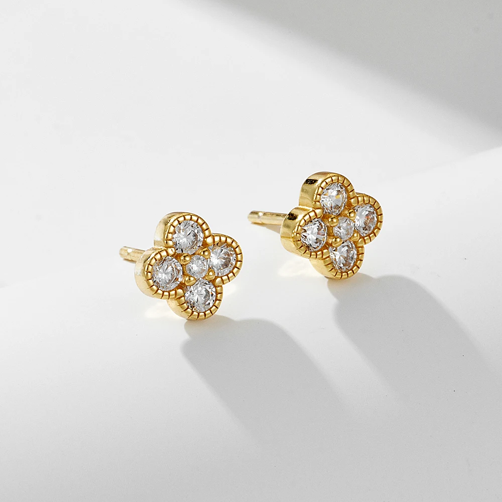 Four Leaf Clover stud earrings 925 Sterling silver 14k gold plated earrings Delicate Cubic Zirconia jewelry Fashion for Women