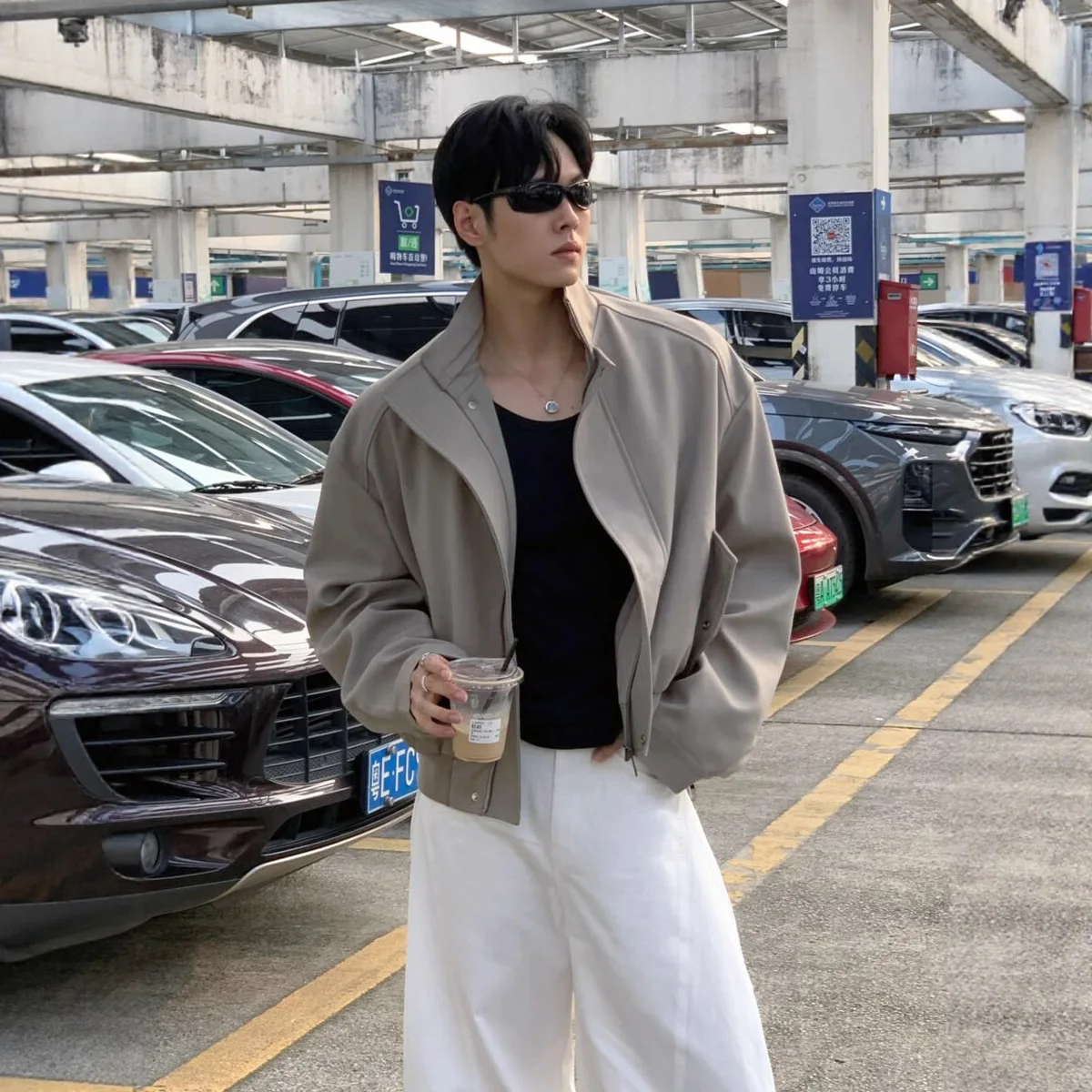 Korean Version Of Stand-up Collar Solid Color Short Bomber Jacket Men's Autumn Versatile Loose Jacket High Street Trend Top