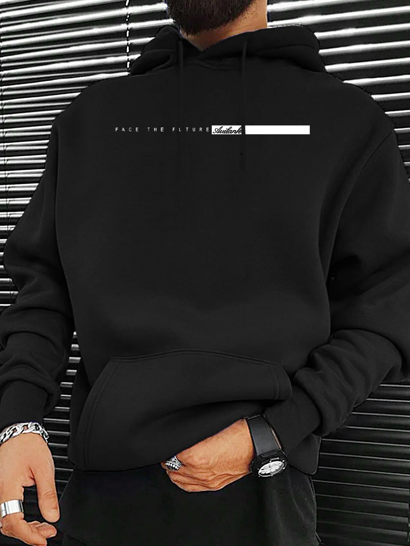 Men's autumn and winter casual fashion loose FACE THE FUTURE pattern printed long sleeved hooded sweatshirt warm pullover