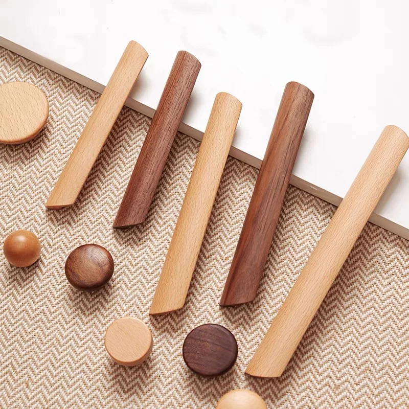 Beicai Nordic Wooden Cabinet Drawer Handles Solid Wood Wardrobe Door Pulls Drawer Knobs Curved Furniture Handles