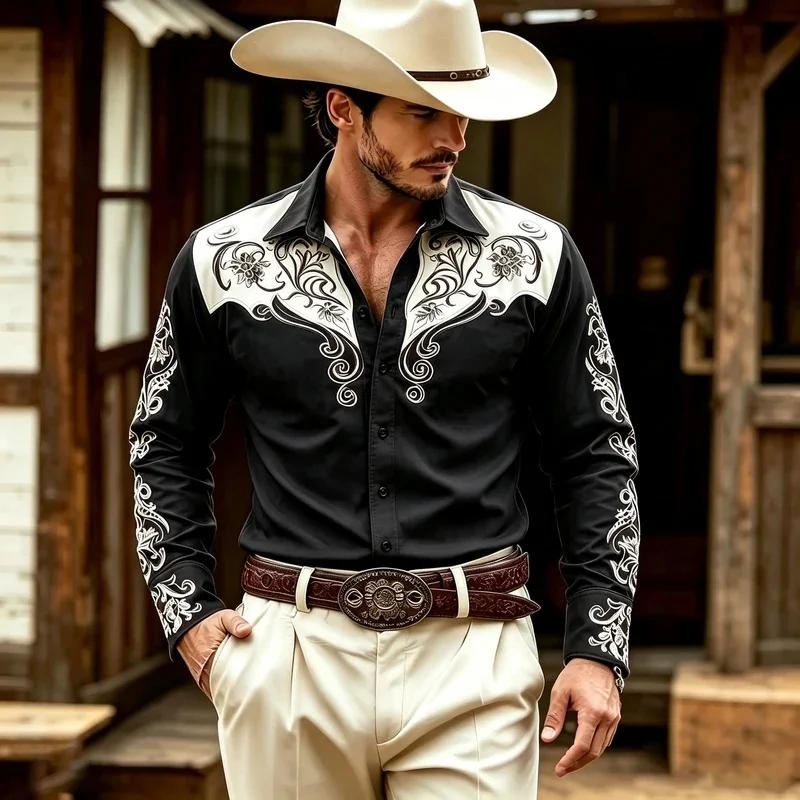 Men's Western Cowboy Print Long-Sleeve Shirt, White Vine Floral Print Collared Shirt, American Retro Western Style Top