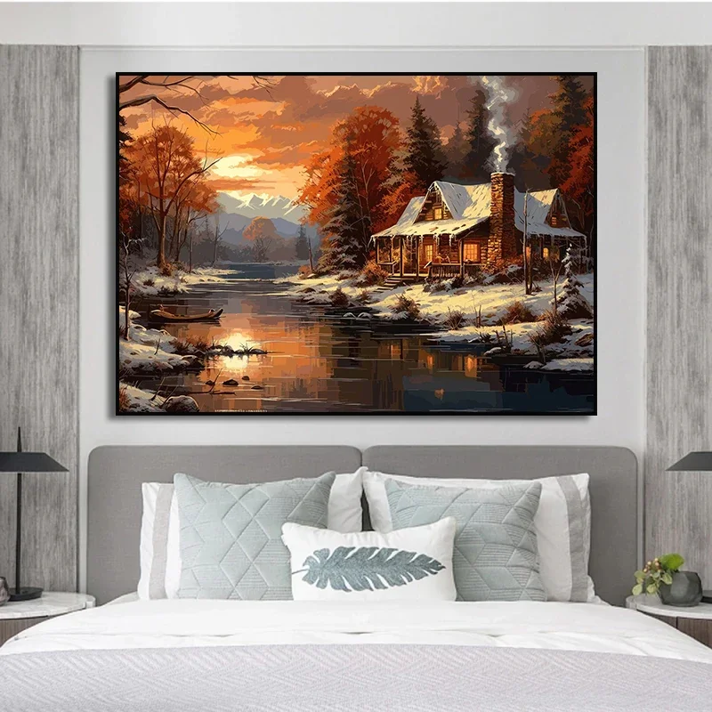 Winter Lake Mountain Farmhouse Snow Tree Wall Art Canvas Painting Print Natural Landscape Poster Nordic Wall Pictures Home Decor