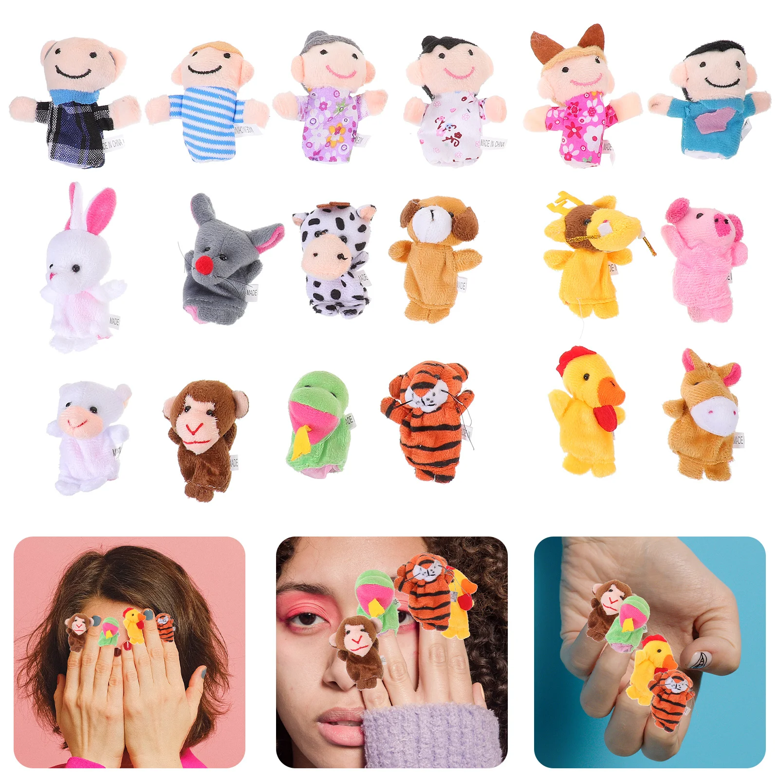 ชุดหุ่นนิ้วมือ 18 ชิ้น ชุดการศึกษา 12 สัตว์ 6 ตัวละครครอบครัว ผ้าเนื้อนุ่ม อุปกรณ์เล่นเล่านิทาน ของเล่นเสริมพัฒนาการ