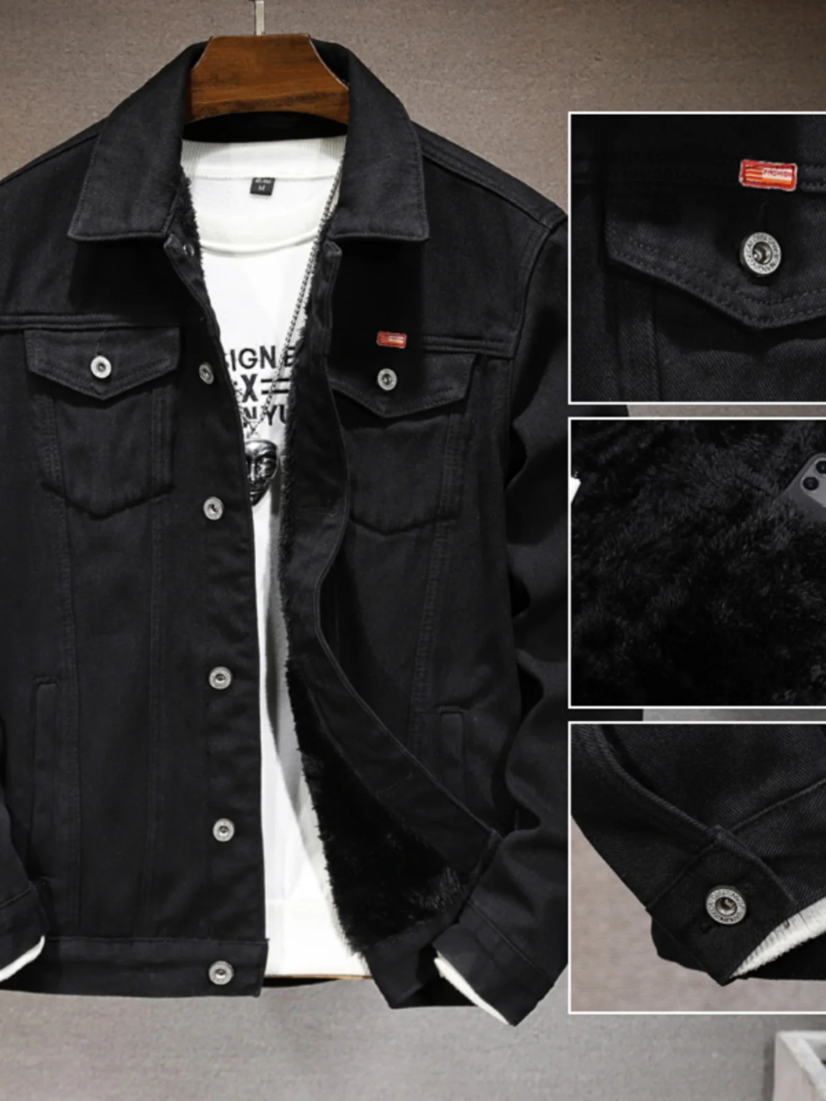 

Ретро-куртка в американском стиле для мужчин: плотный джинсовый жакет с флисовой подкладкой, премиальный дизайн, молодежный стиль, длинный рукав, отложной воротник
