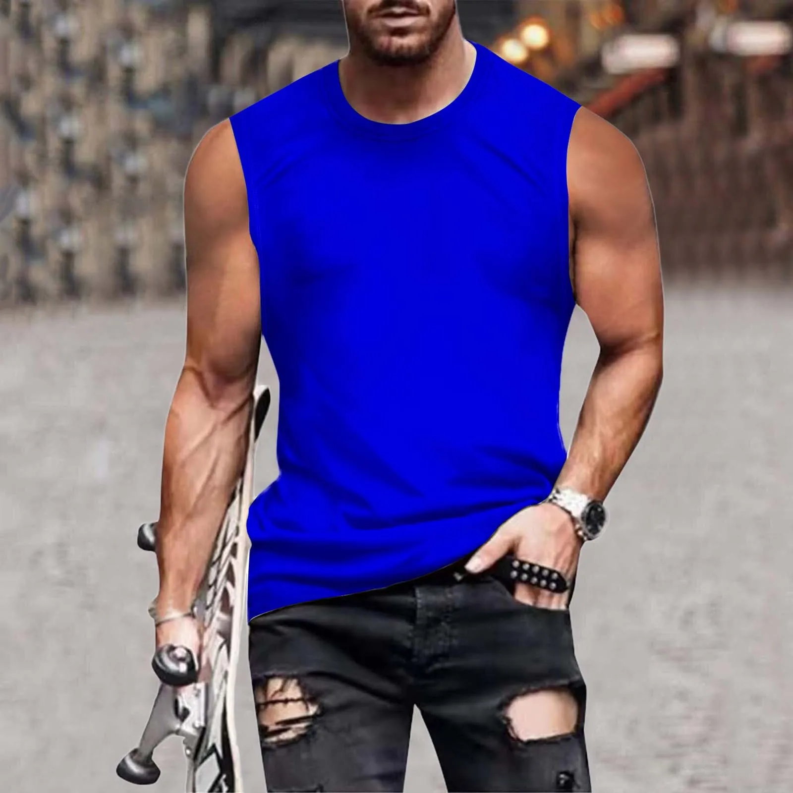 

Summer Sleeveless Sweat-Absorbing T-Shirt Men Solid Round Neck Fit T Shirt Vest Breathable Muscle Bodybuilding Jogger Tee Shirt