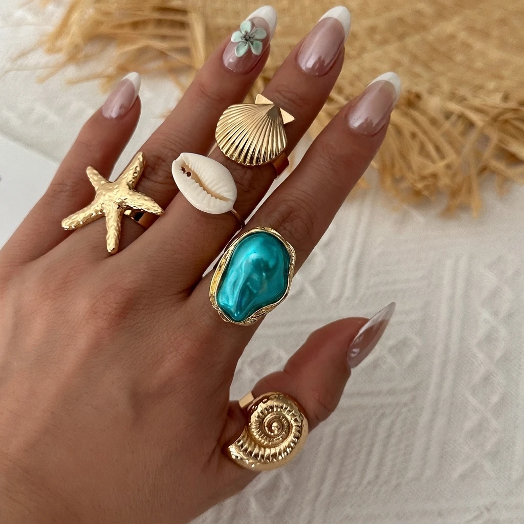Summer Bohemian Star Shell Nautilus Ring Set Women's Layered Fashion Personality Combination Finger Ring Hand Accessory Gift