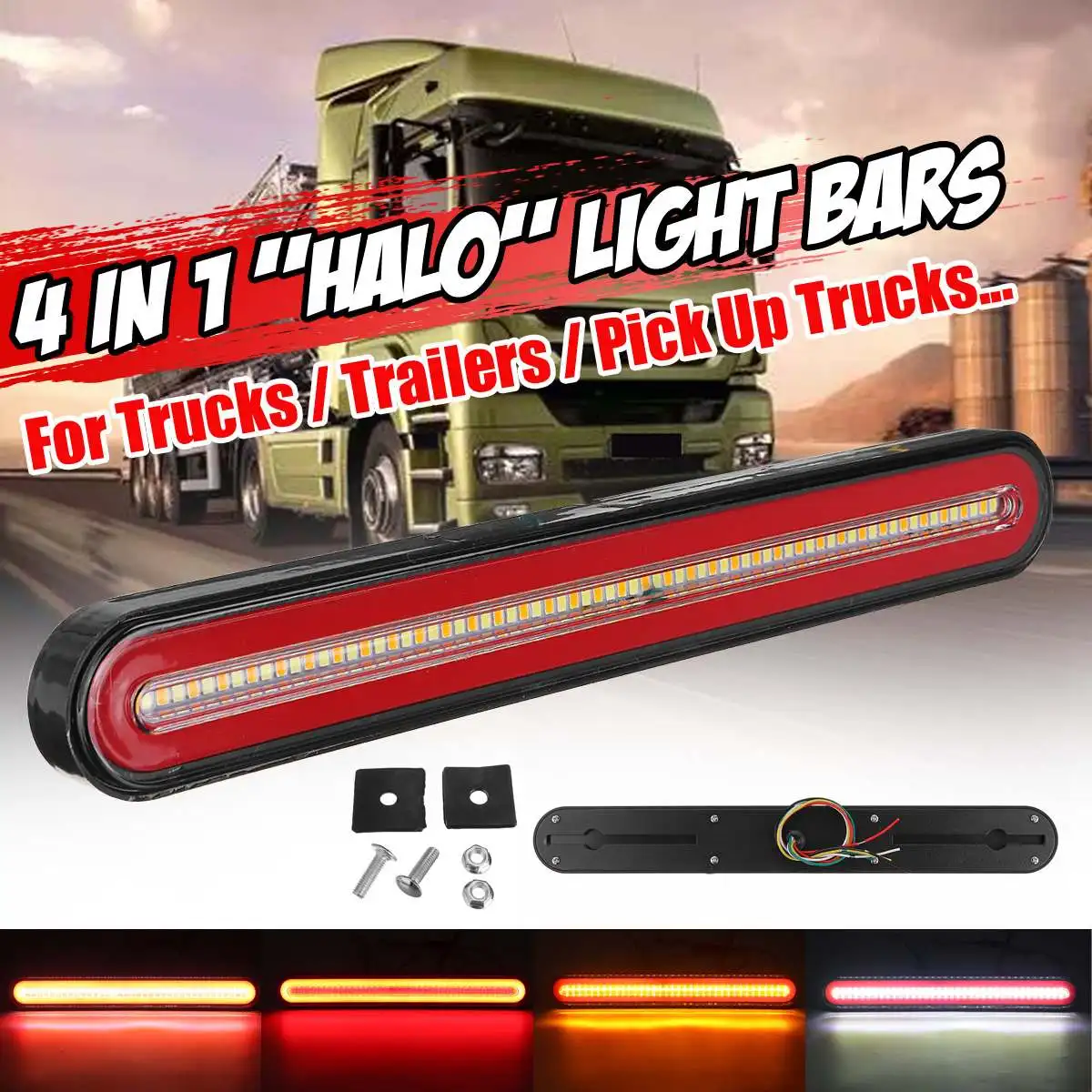 4 in 1 Neon Halo Ring Tail Brake Stop Lamp Waterproof LED Trailer Truck 3rd Brake Light Turn Signal Light 12V 24V 1/2/4pcs